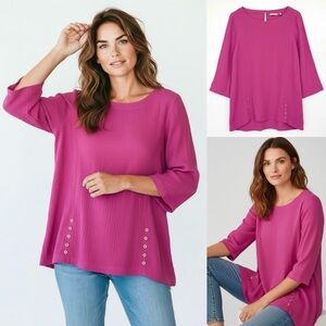 Soft Surroundings Tunic Top Crinkled Texture Gauze Boatneck 3/4 Sleeve Fuchsia